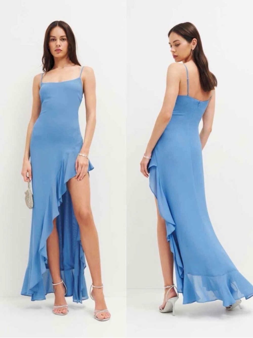 Reformation Sky-Blue Ruffle High-Low Slip Dress